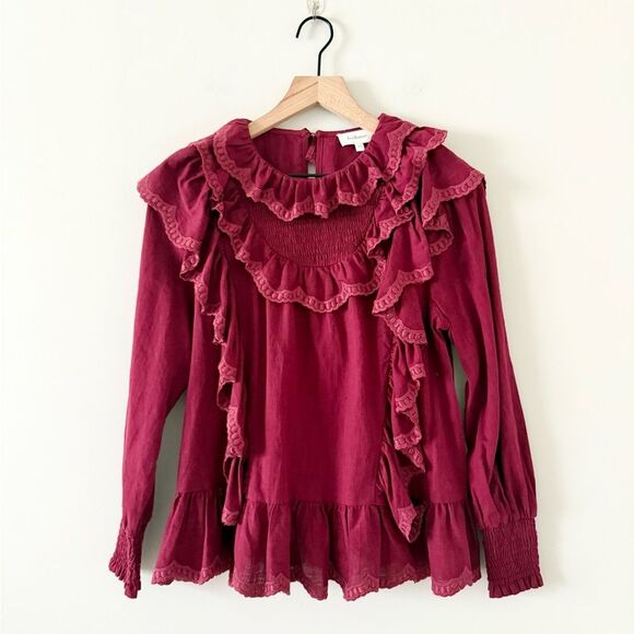 Böhme Edith Ruffle Long Sleeve Cotton Blouse in Burgundy - Size XS - Picture 2 of 6